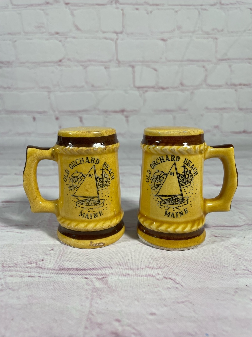 Vintage Old Orchard Beach Maine Ceramic Stein Salt and Pepper Shaker Pair Japan
